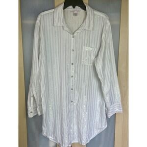 Victoria's Secret White Blue Metallic Stripe Blouse Tunic Sz L Top Sleepwear